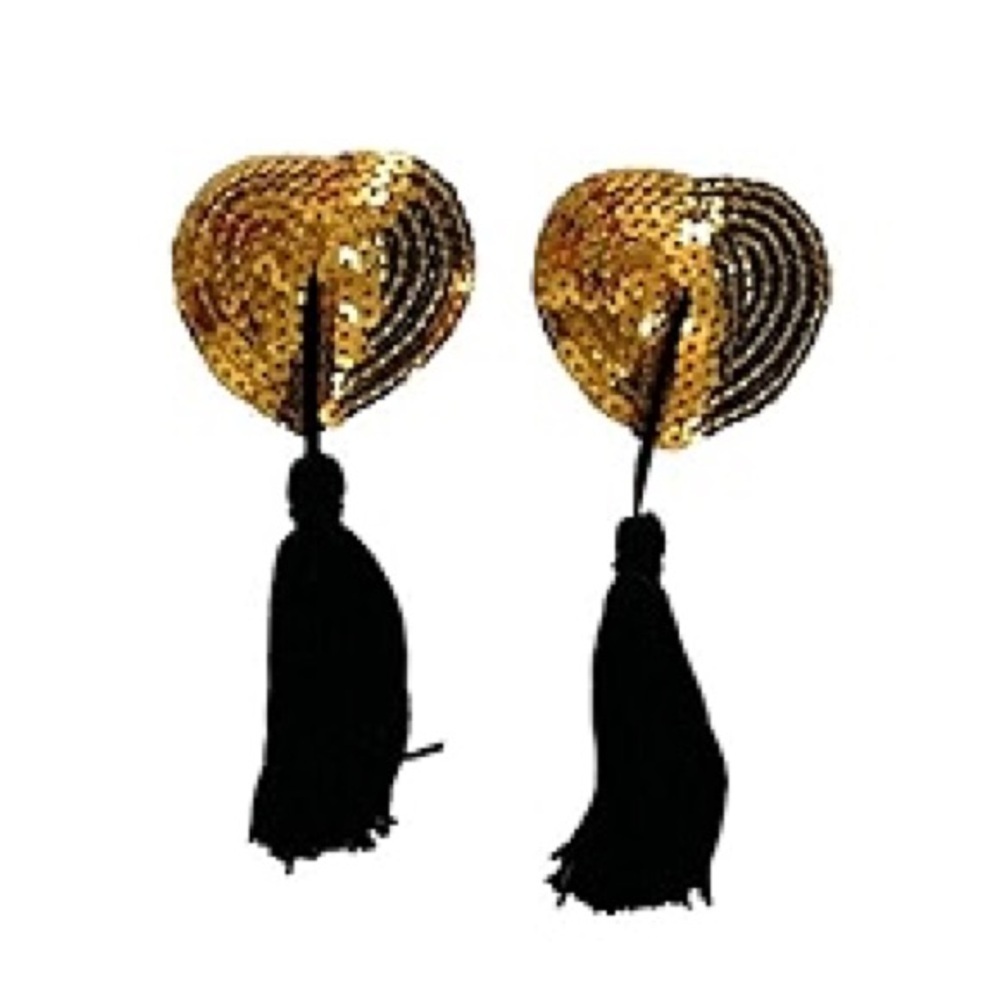 Gold Sequin Heart Pasties with Black Tassels